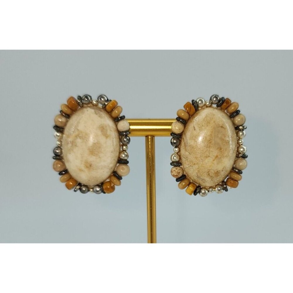 Vintage CHIPITA‎ Stud Earrings Oval Jasper Onyx Gemstones Embellished Border
